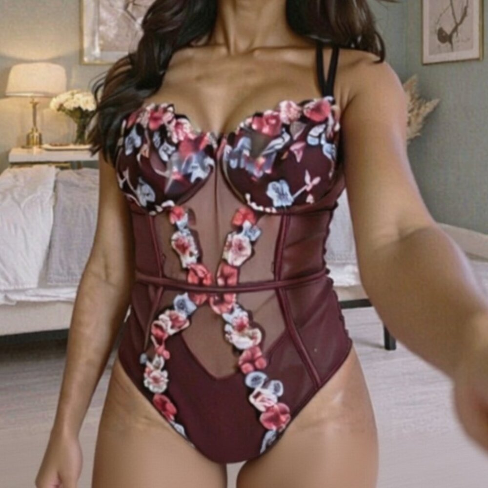 Victoria’s Secret NWT Burgundy Embroidered Sheer Mesh Bodysuit • Size XL